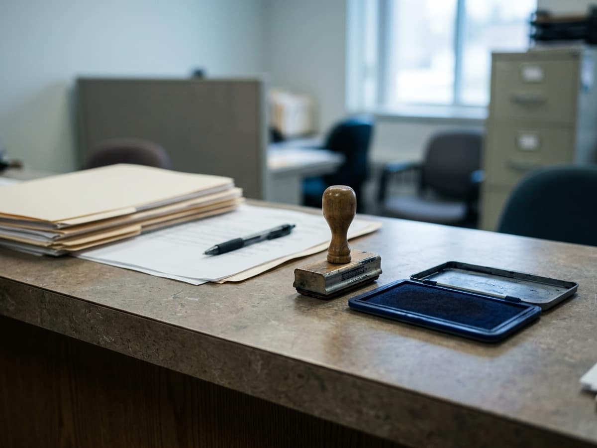 Un tampon encreur et son tampon sur un comptoir administratif, des chemises et des feuilles à côté.
