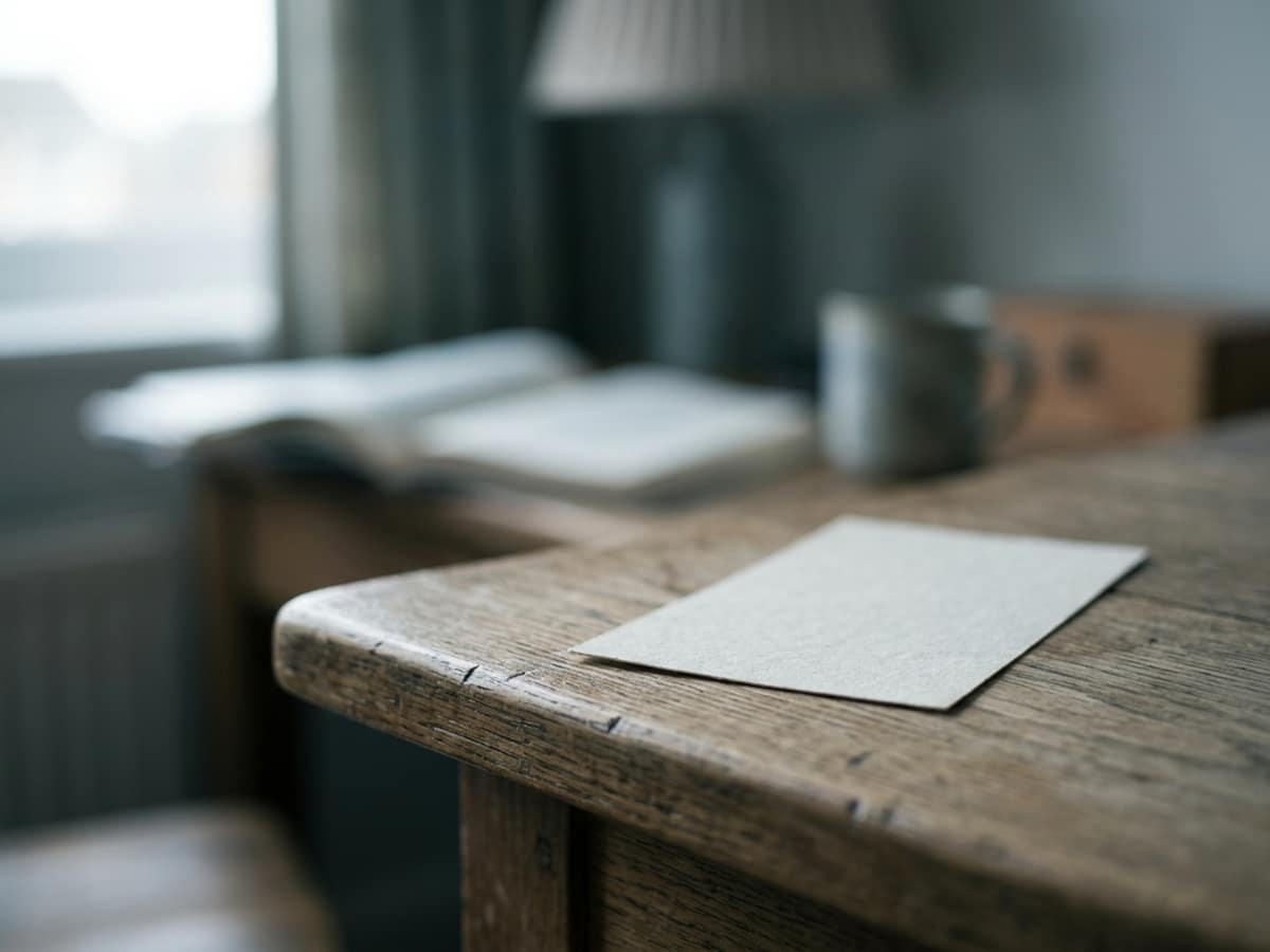 Un petit papier vierge posé de biais sur le coin d’un bureau en bois, hors du plan de netteté.