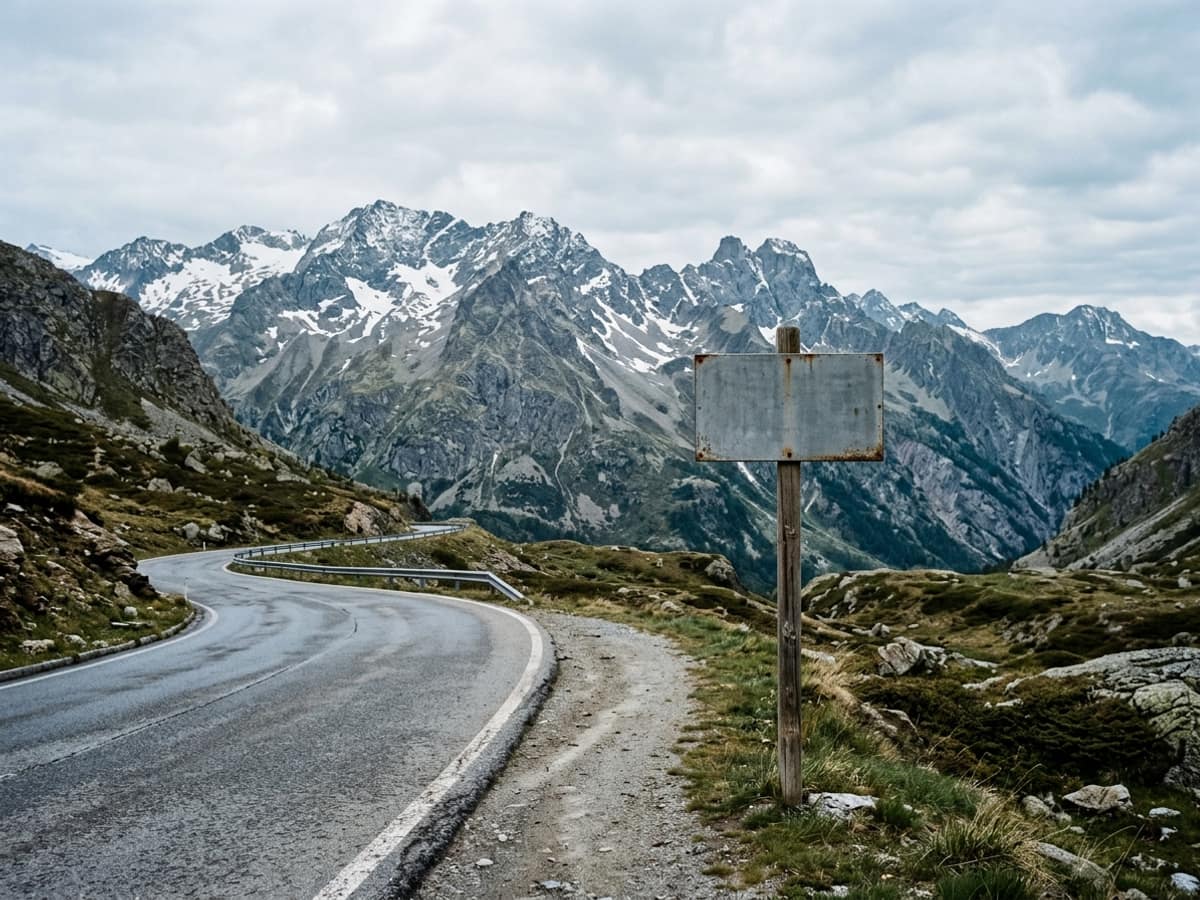 Une route de montagne qui contourne un panneau vierge, des sommets alpins enneigés à l’arrière-plan.