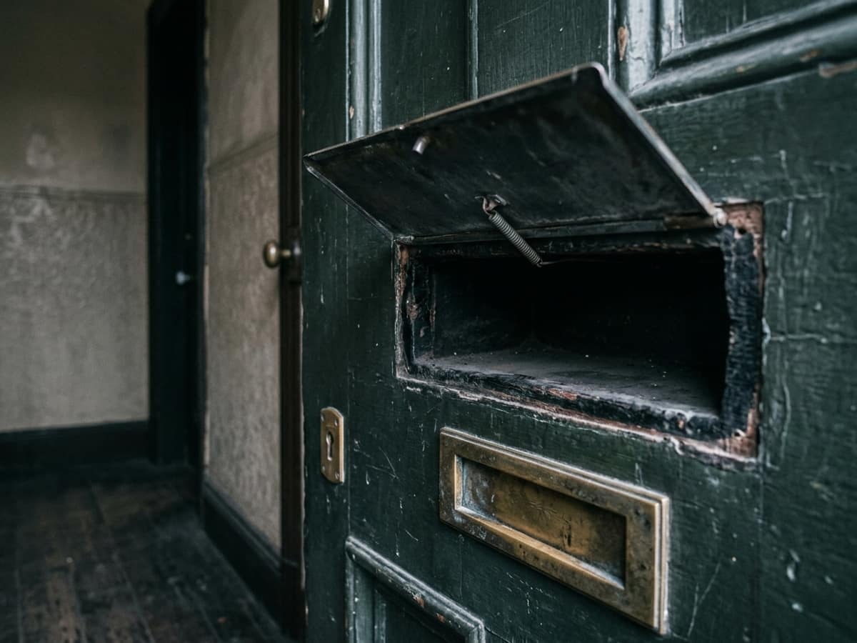 Le volet d’une boîte aux lettres ouvert et vide dans une porte vert foncé, vu depuis l’intérieur d’un couloir.