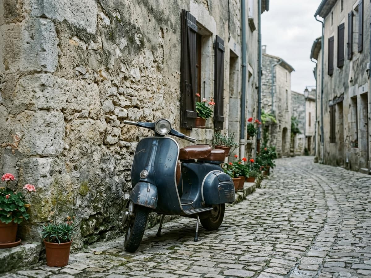 Un vieux scooter appuyé contre un mur en pierre dans une ruelle pavée de village, des géraniums en pot.