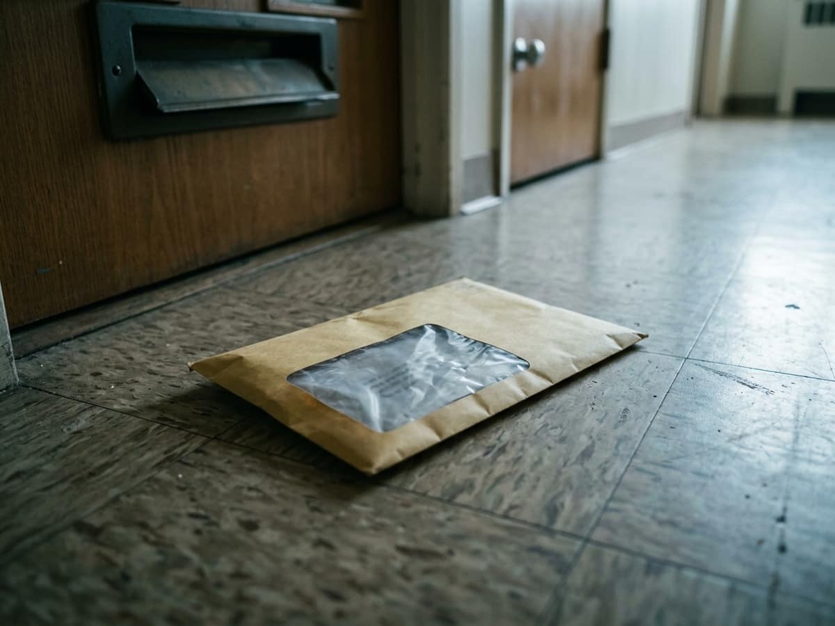 Une enveloppe à fenêtre posée sur le sol d’un couloir, sous la fente à courrier d’une porte en bois.