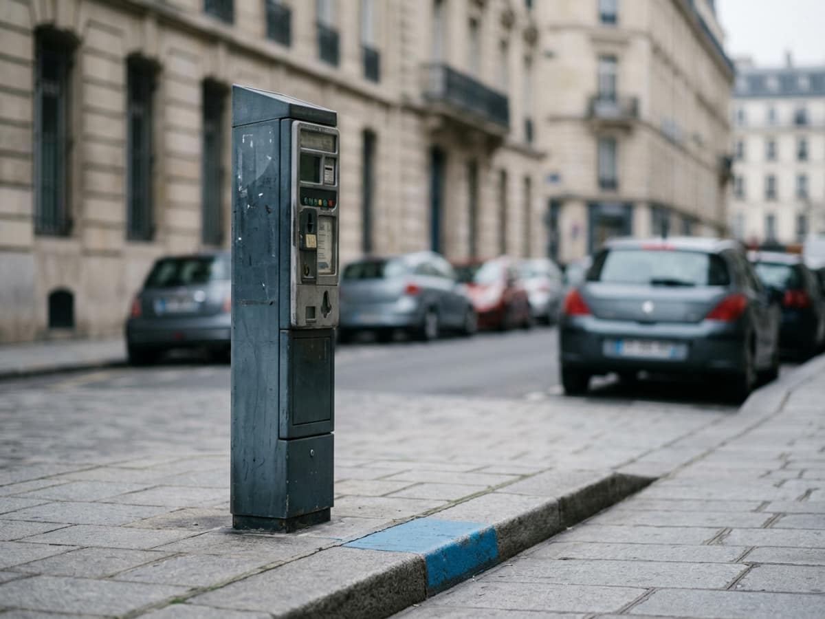 Un horodateur sur un trottoir parisien, la bordure peinte en bleu, façades et voitures garées en arrière-plan flou.