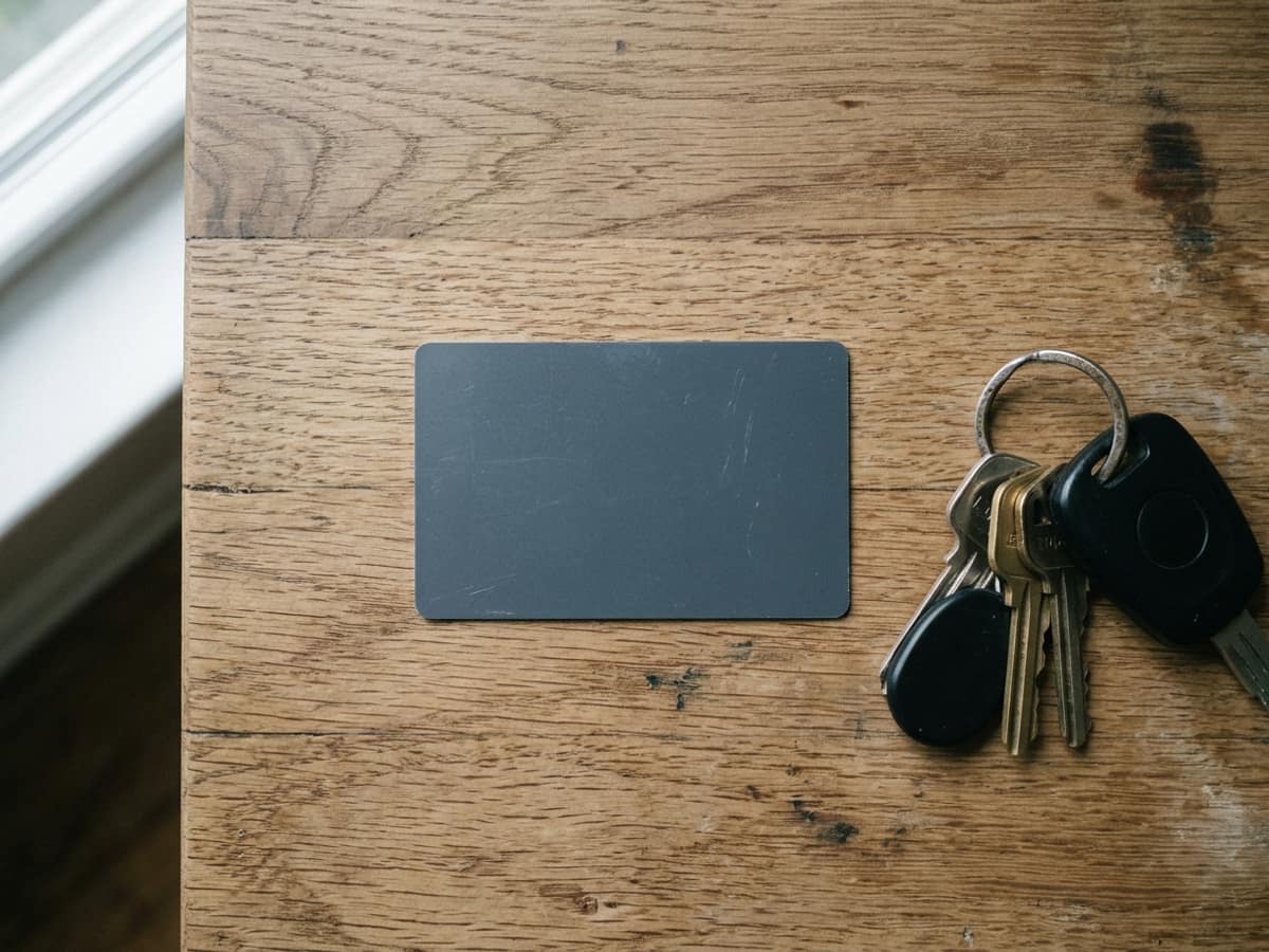 Une carte grise et vierge posée face contre table sur un plateau en bois, à côté d’un trousseau de clés de voiture.