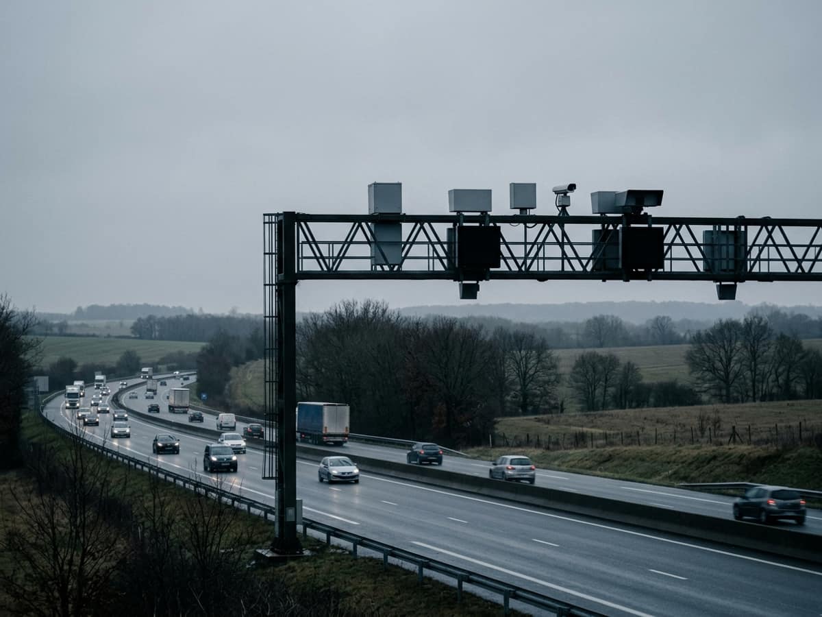 Un portique radar enjambe une autoroute mouillée sous un ciel gris uniforme, la circulation dans les deux sens.
