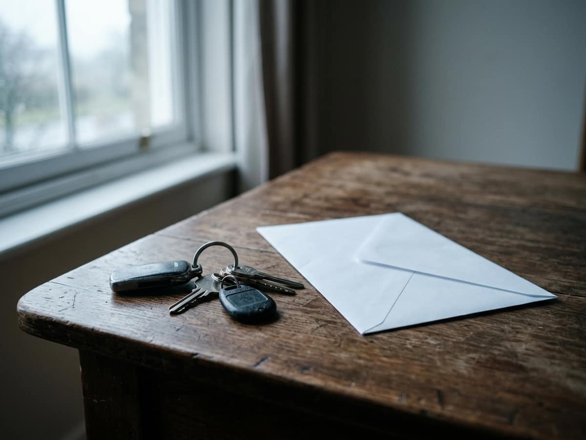 Un trousseau de clés de voiture et une enveloppe blanche fermée sur une table en bois, près d’une fenêtre.